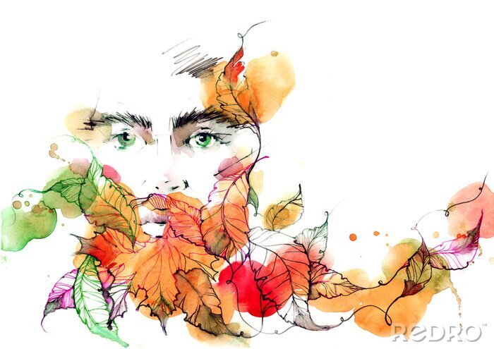 Sticker  Visage masculin et feuilles aux couleurs d'automne