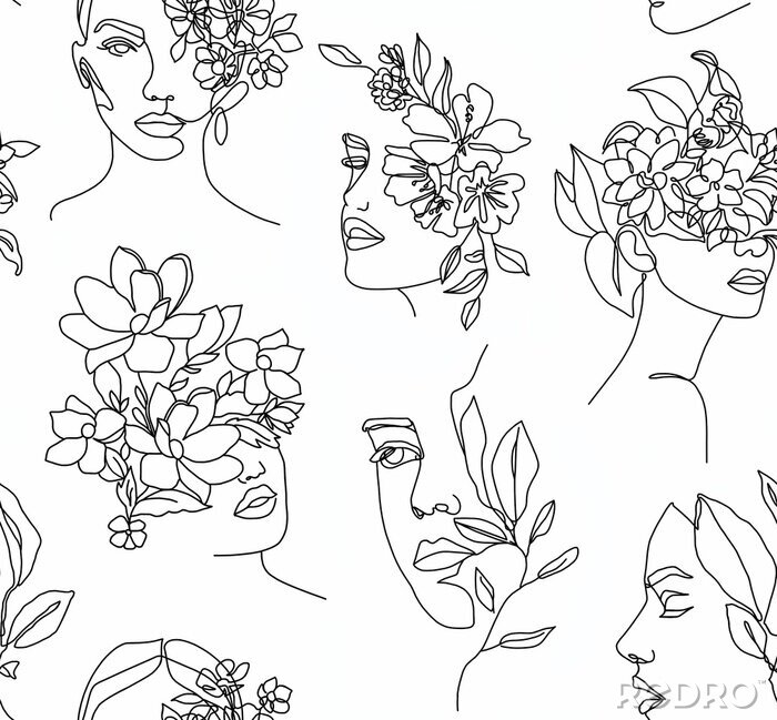 Sticker  Visages féminins noirs et blancs avec des fleurs
