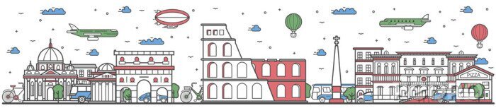 Sticker  Voyage dans la ville de Rome illustration vectorielle bannière. Concept de voyage à travers le monde avec de célèbres attractions architecturales modernes et anciennes. Panorama de paysage urbain de R