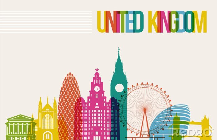 Sticker  Voyage Royaume-Uni Sites d'intérêt à fond horizon