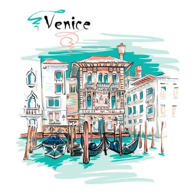 Vue pittoresque de vecteur avec le Palazzo en style gothique vénitien sur le Grand Canal en été, Venise, Italie.
