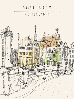 Vue sur la ville d'Amsterdam. Vecteur, main, dessiné, vendange, carte postale, affiche