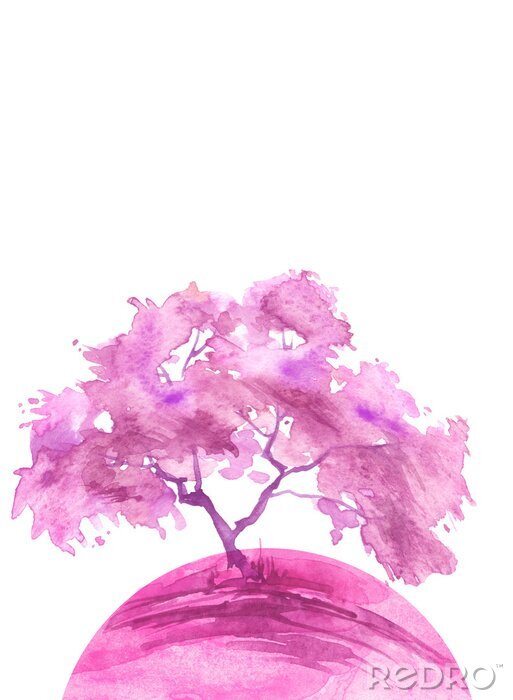 Sticker  Watercolor abstract round spot, blot on white isolated background. purple, pink trees on the planet Earth. purple, pink colors. Ecological abstract art illustration. Blooming pink tree. Sakura, oak, 