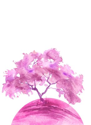 Sticker  Watercolor abstract round spot, blot on white isolated background. purple, pink trees on the planet Earth. purple, pink colors. Ecological abstract art illustration. Blooming pink tree. Sakura, oak, 