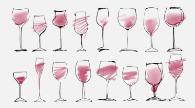 Sticker  Watercolor and hand drawn sketch of wine glasses set with red wine. Wine glass collection isolated on white, art design.