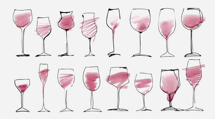 Sticker  Watercolor and hand drawn sketch of wine glasses set with red wine. Wine glass collection isolated on white, art design.
