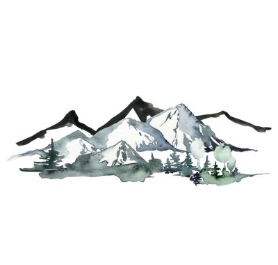 Sticker  Watercolor and ink landscape of mountains and forest. Hand painted abstract winter fir and pine trees. Minimalistic illustrations isolated on white background. For design, print, fabric or background.