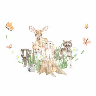 Sticker  Watercolor baby frame with cute forest animals. Perfect for printing, web, design. Various souvenirs, scrapbooking and other ideas.