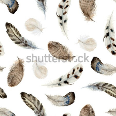 Sticker  Watercolor boho seamless pattern of feathers on white background. Native american decor, print element, tribal bohemian navajo, Indian, Peru, Aztec wrapping.
