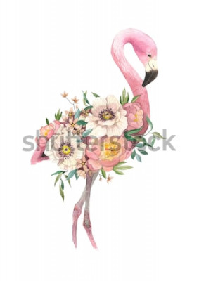 Sticker  Watercolor bouquet with tropical bird, eucaliptus, peony and anemone, flamingo. High detailed hand drawing illustration