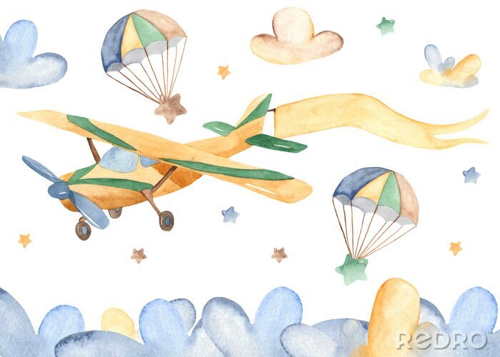 Sticker  Watercolor card with cute airplane and clouds. Child illustration for baby shower, kindergarten, cards, invitations.