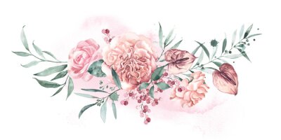 Sticker  Watercolor floral arrangement tropical flowers anthurium and garden roses of delicate peach shades.
