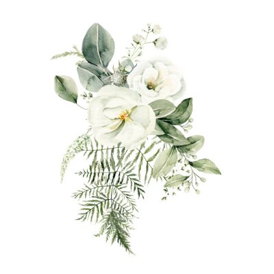 Sticker  Watercolor floral composition. Hand painted white flowers, forest leaves of fern, eucalyptus. Bouquet isolated on white background. Botanical illustration for design, print or background