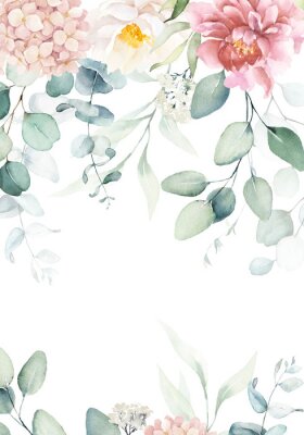 Watercolor floral illustration - frame / border with pink & peach cream flowers, green leaves, for wedding stationary, greetings, wallpapers, fashion, background. Eucalyptus, olive, green leaves, etc.