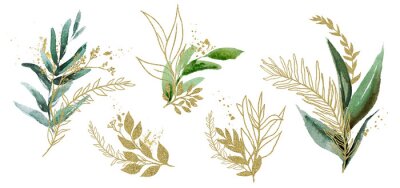 Sticker  Watercolor floral illustration set - green & gold leaf branches, for wedding stationary, greetings, wallpapers, fashion, background. Eucalyptus, olive, green leaves, etc.
