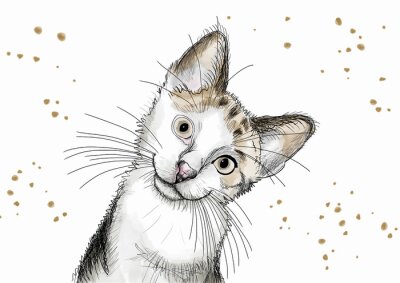 Sticker  Watercolor hand drawn illustration: cute kitten with big eyes and a curious attitude