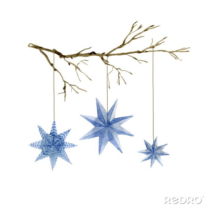 Sticker  Watercolor illustration of Christmas blue stars decoration elements on the branch. Hand-drawn illustration on the white background