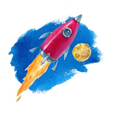 Sticker  Watercolor illustration of space and rocket on white background
