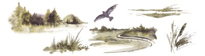 Sticker  Watercolor landscape with forest, herbs, bird and field on a white background.