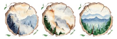 Sticker  watercolor landscape with pine and fir trees and mountains abstract nature background