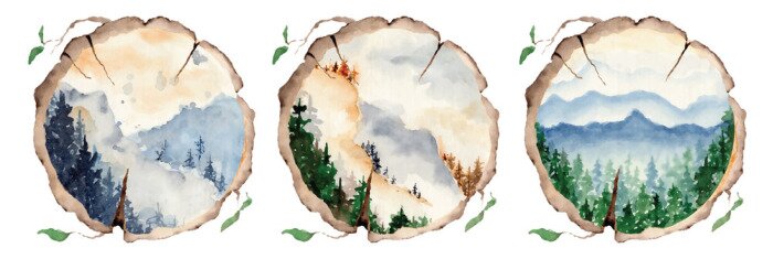 Sticker  watercolor landscape with pine and fir trees and mountains abstract nature background