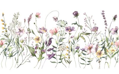 Sticker  Watercolor Midsummer invitations seamless border with hand painted delicate leaves, pink flowers. Romantic floral frames perfect for wedding greeting cards, invitation. High quality illustration