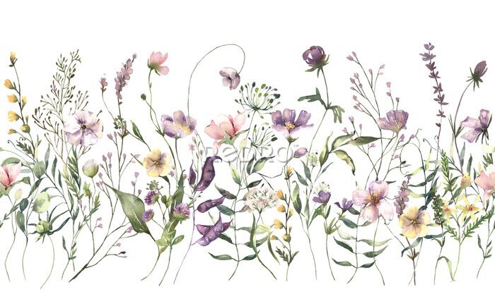 Sticker  Watercolor Midsummer invitations seamless border with hand painted delicate leaves, pink flowers. Romantic floral frames perfect for wedding greeting cards, invitation. High quality illustration