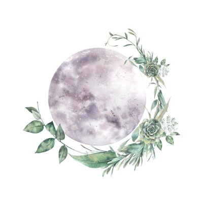 Sticker  Watercolor moon and floral wreath. Natural illustration for logo, tattoo, banner, sticker. Isolated art on white background