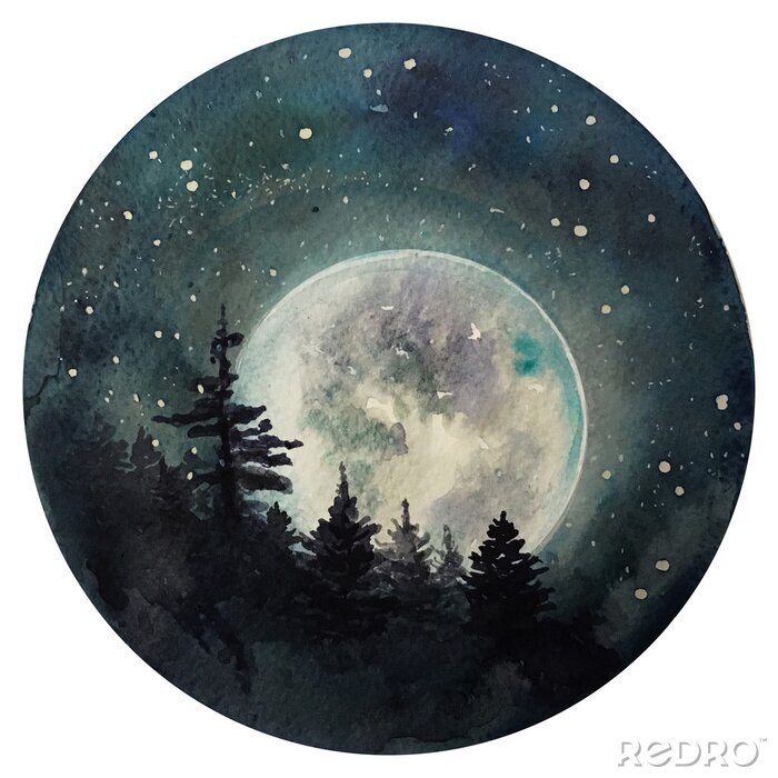 Sticker  Watercolor Moon at starry night, galaxy with stars, space and astrology universe illustration.