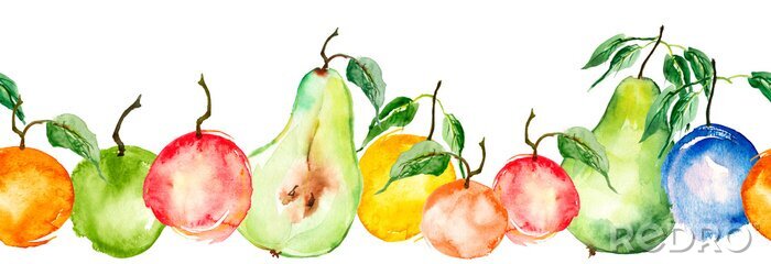 Sticker  Watercolor painting, vintage seamless pattern - tropical fruits, citrus, slices of lemon, orange, mandarin, grapefruit.apricot, peach, apple, plum, cherry plum. Splash of paint yellow, red and orange.