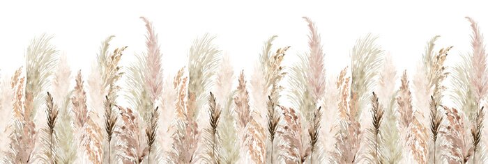 Sticker  Watercolor pampas grass seamless border. Boho dried grass and leaves neutral colors bouquet. Botanical nature design isolated on white. Bohemian style wedding invitation, greeting, card, postcard