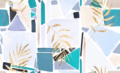 Sticker  watercolor seamless pattern with tropic leaves and mosaic. Hand drawn background.  Botanic pattern for wallpaper or fabric. Exotic Tile.
