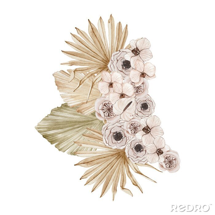 Sticker  Watercolor summer floral tropical bouquet with orchid rose flowers dried palm leaves isolated. Floral spring arrangement blossom boho wedding invitation save the date card illustration