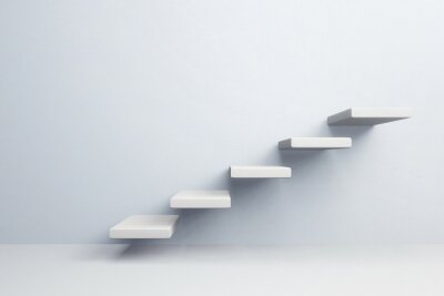 Sticker  White stair step to growth success, 3d render, progress way and forward achievement creative concept