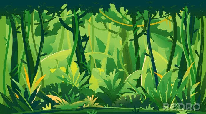 Sticker  Wild jungle forest with trees, bushes and lianas, nature landscape with green jungle foliage and exotic plants growing on ground, horizontal banner with tropical plants on sunny day