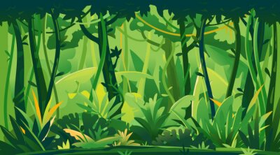 Sticker  Wild jungle forest with trees, bushes and lianas, nature landscape with green jungle foliage and exotic plants growing on ground, horizontal banner with tropical plants on sunny day