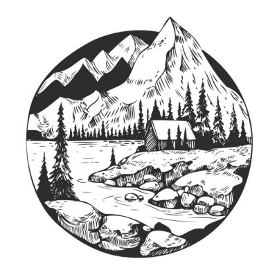 Sticker  Wild natural landscape with mountains, lake, pines, rocks. Hand drawn illustration converted to vector.