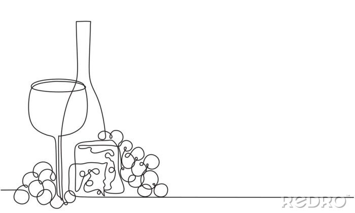 Sticker  Wine glass, a bottle of wine and grapes. Still life. Sketch. Draw a continuous line. Decor. Vine and cheese