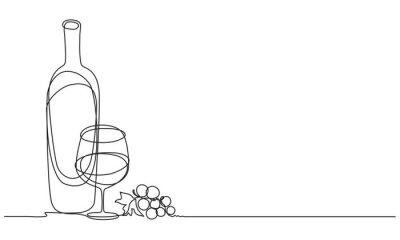 Sticker  Wine glasses, a bottle of wine and grapes. Still life. Sketch. Draw a continuous line. Decor