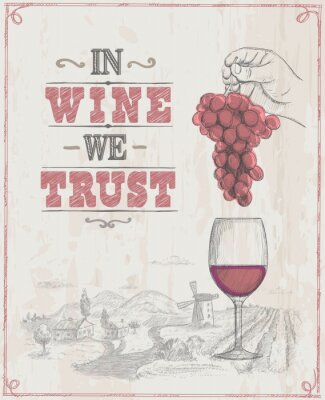 Sticker  Wine poster with empty space for text and hand drawn graphic illustration with man hand holding bunch of grapes