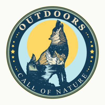 Sticker  Wolf double exposure. Outdoor. Call of nature slogan. Symbol of tourism and travel