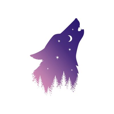 Sticker  Wolf howls at the moon in the forest
