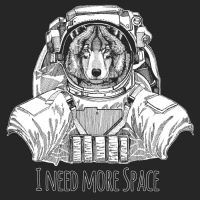 Sticker  Wolf portrait. Wild animal wearing space suit. Head of wild animal.