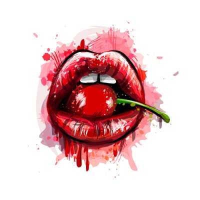 Sticker  Woman red lips with cherry