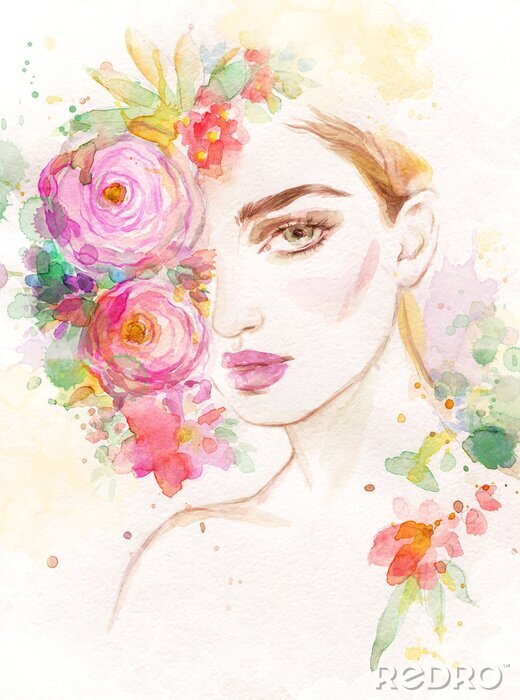 Sticker  woman with flowers. beauty background. fashion illustration. watercolor painting