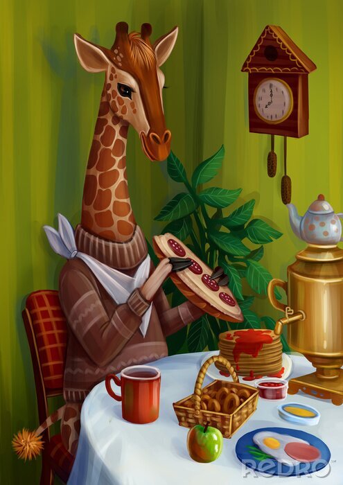 Sticker  Жираф пьет чай, завтракает 
