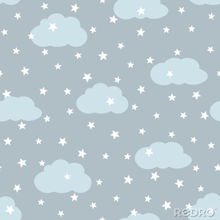 Sticker  Ciel avec des nuages ​​et des étoiles. Modèle sans couture pour les enfants.