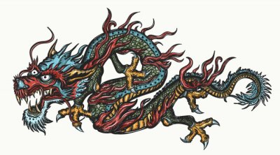Sticker  Сhinese dragon, color tattoo. Old school style. Traditional asian style. China. Ancient mythology and culture