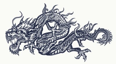 Sticker  Сhinese dragon tattoo. Traditional asian style. China. Ancient mythology and culture
