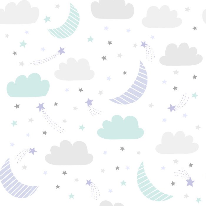 Sticker  Modèle de vecteur ciel mignon nuit avec étoiles dessinées à la main, les nuages ​​et la lune. Fond de bébé sans couture.
